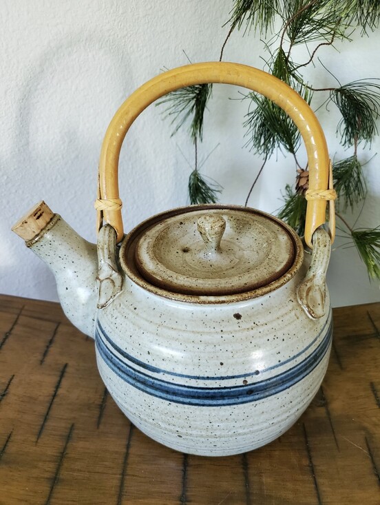 Other - Vintage 1970s Speckled Stoneware Teapot with Rattan Handle Studio Pottery